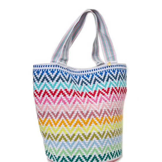 Colorful zigzag patterned handmade Wayuu bag crafted by indigenous female artisans from Colombia- Lombia+Co.