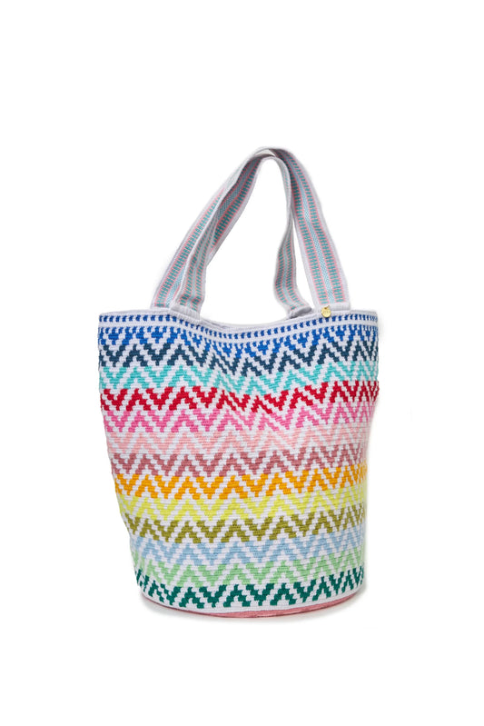 Colorful zigzag patterned handmade Wayuu bag crafted by indigenous female artisans from Colombia- Lombia+Co.