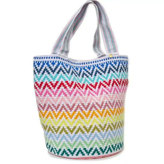Colorful zigzag patterned handmade Wayuu bag crafted by indigenous female artisans from Colombia- Lombia+Co.