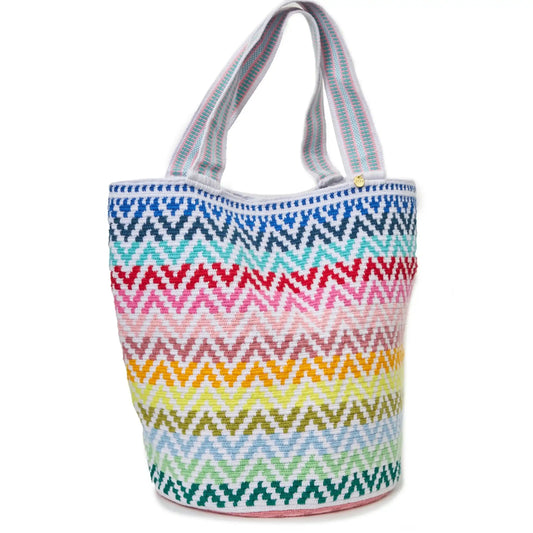 Colorful zigzag patterned handmade Wayuu bag crafted by indigenous female artisans from Colombia- Lombia+Co.