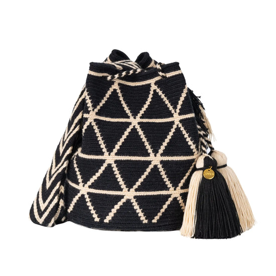 Handcrafted black & beige striped Wayuu crochet bag made by indigenous artisans in Colombia