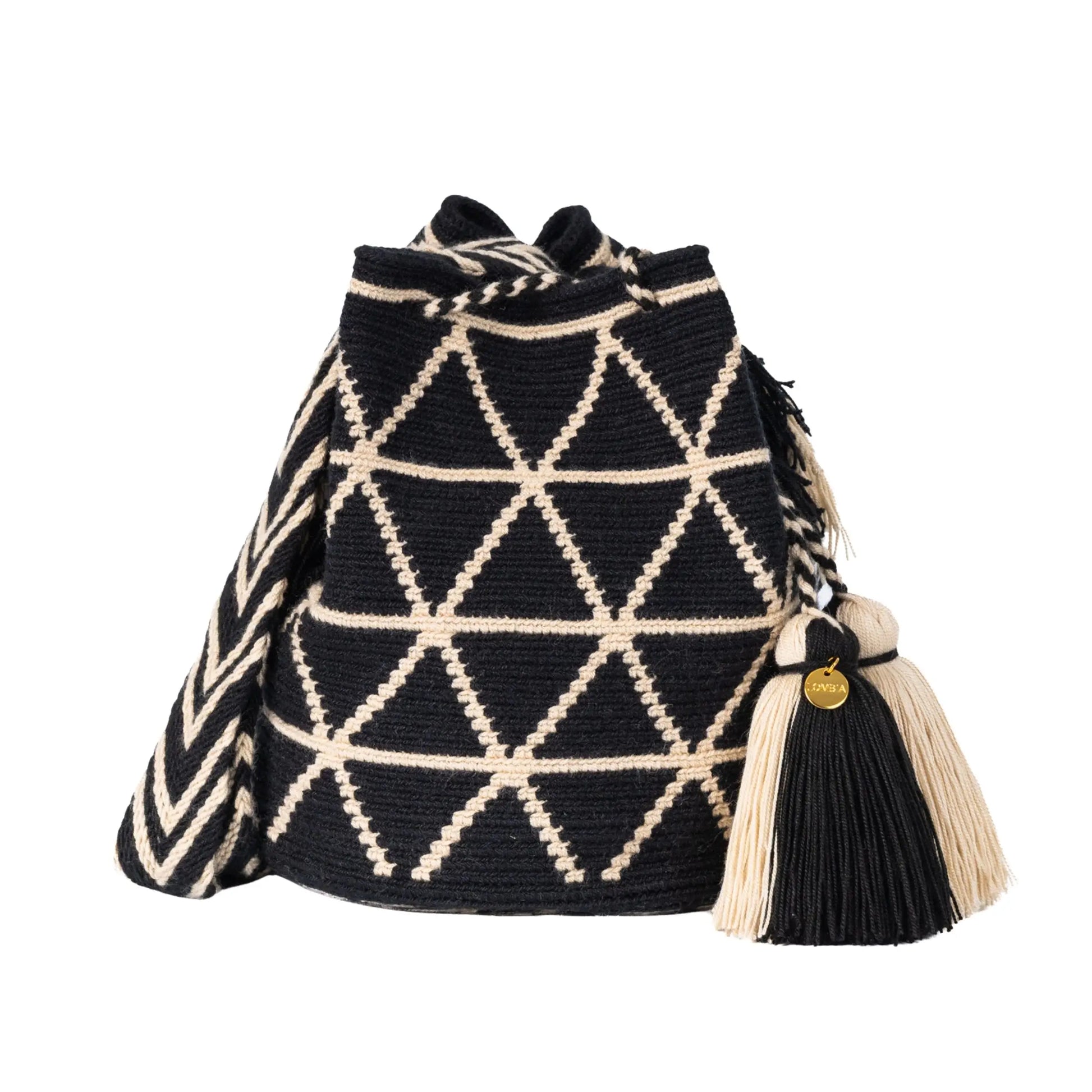 Handcrafted black & beige striped Wayuu crochet bag made by indigenous artisans in Colombia