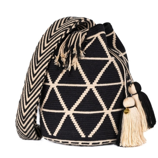 Handcrafted black & beige striped Wayuu crochet bag made by indigenous artisans in Colombia