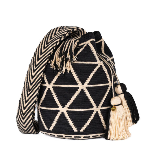 Handcrafted black & beige striped Wayuu crochet bag made by indigenous artisans in Colombia