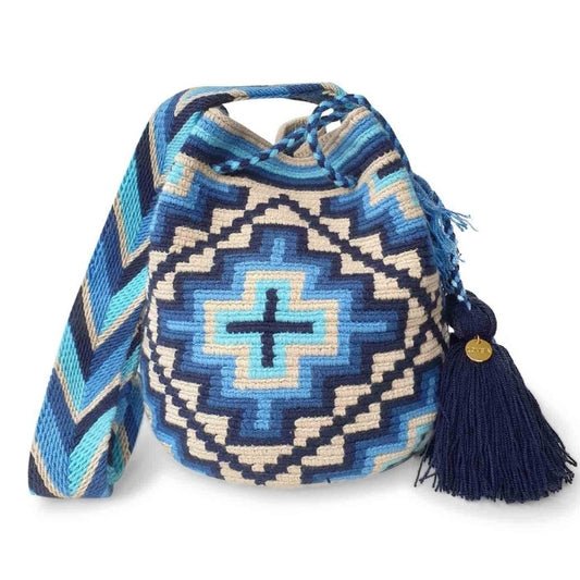 Handcrafted blue  Wayuu crochet bag made by indigenous artisans in Colombia