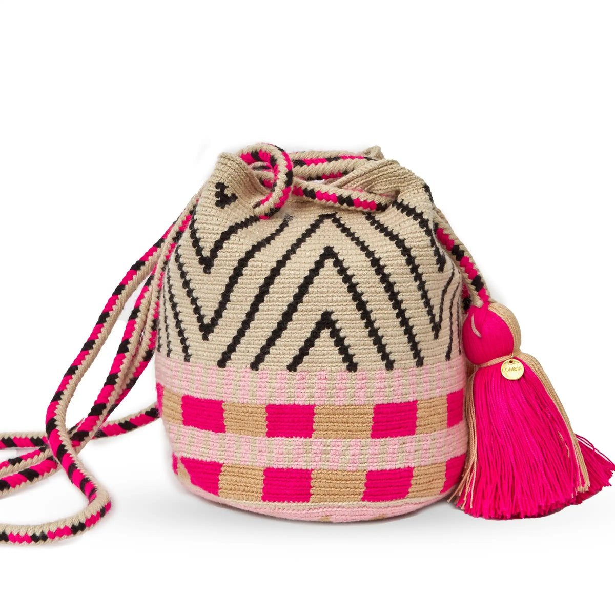 Handcrafted pink & black Wayuu crochet bag made by indigenous artisans in Colombia
