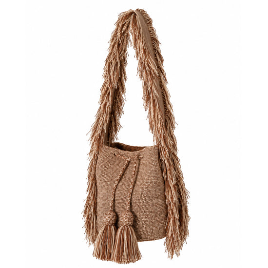brown crochet bag with fringe straps