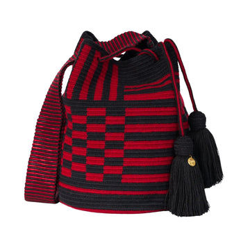 Handcrafted red & black striped Wayuu crochet bag made by indigenous artisans in Colombia