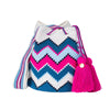 Handcrafted blue, black, pink and white striped Wayuu crochet bag made by indigenous artisans in Colombia