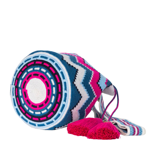 Mari medium blue, black, pink and white stripes Wayuu bag handcrafted by Colombian artisans