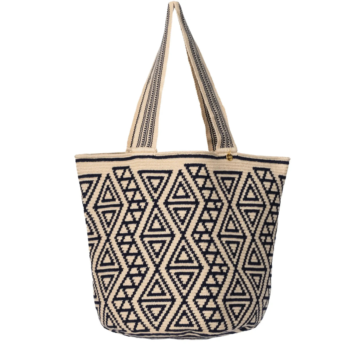 Handcrafted black & beige striped Wayuu crochet bag made by indigenous artisans in Colombia
