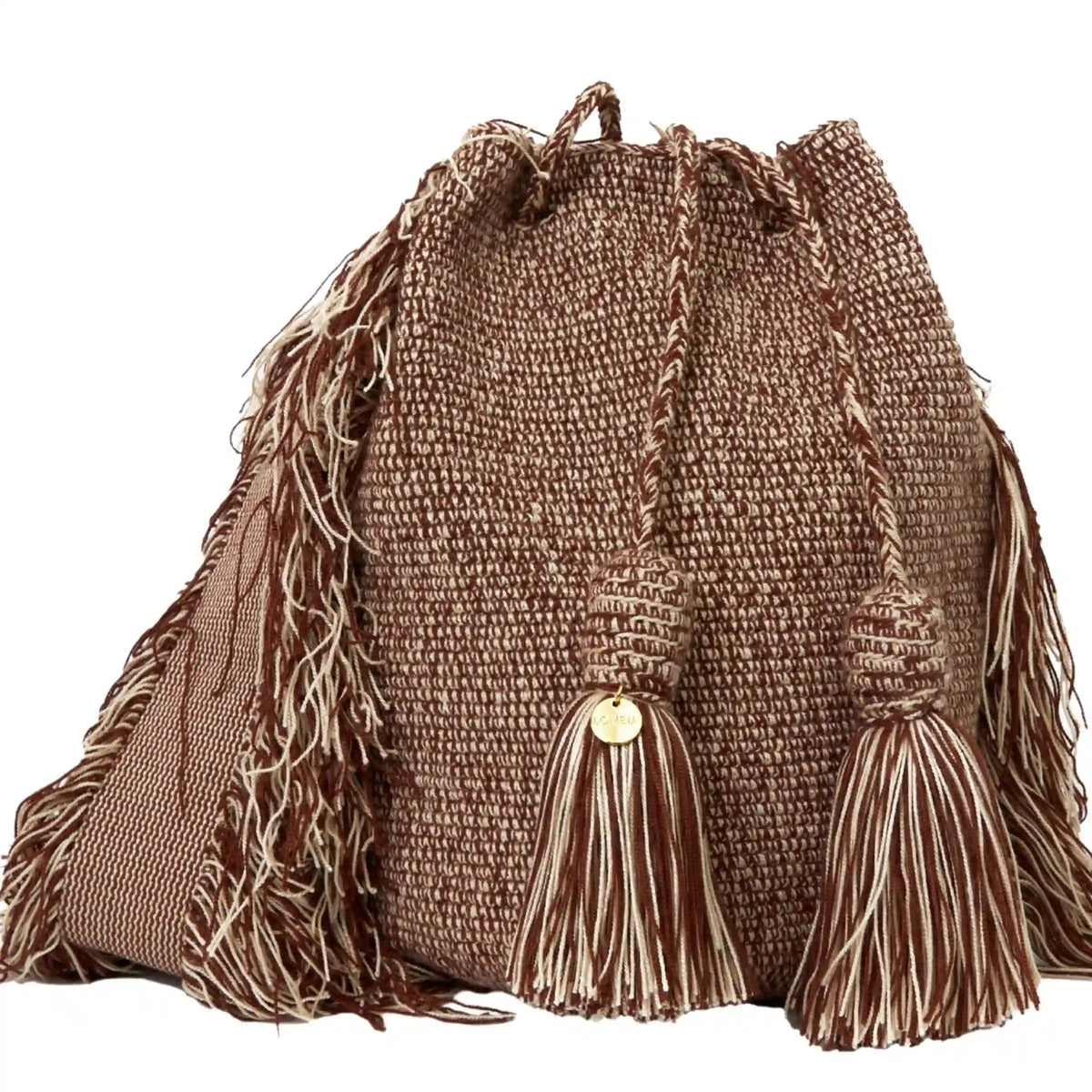 Wayuu crochet bag in shaded brown, handmade by indigenous artisans in Colombia.