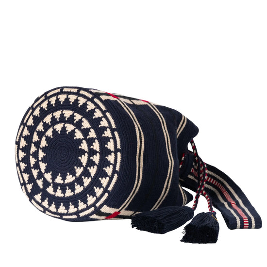 Bruna large red, beige and blue stripes Wayuu bag handcrafted by Colombian artisans. 