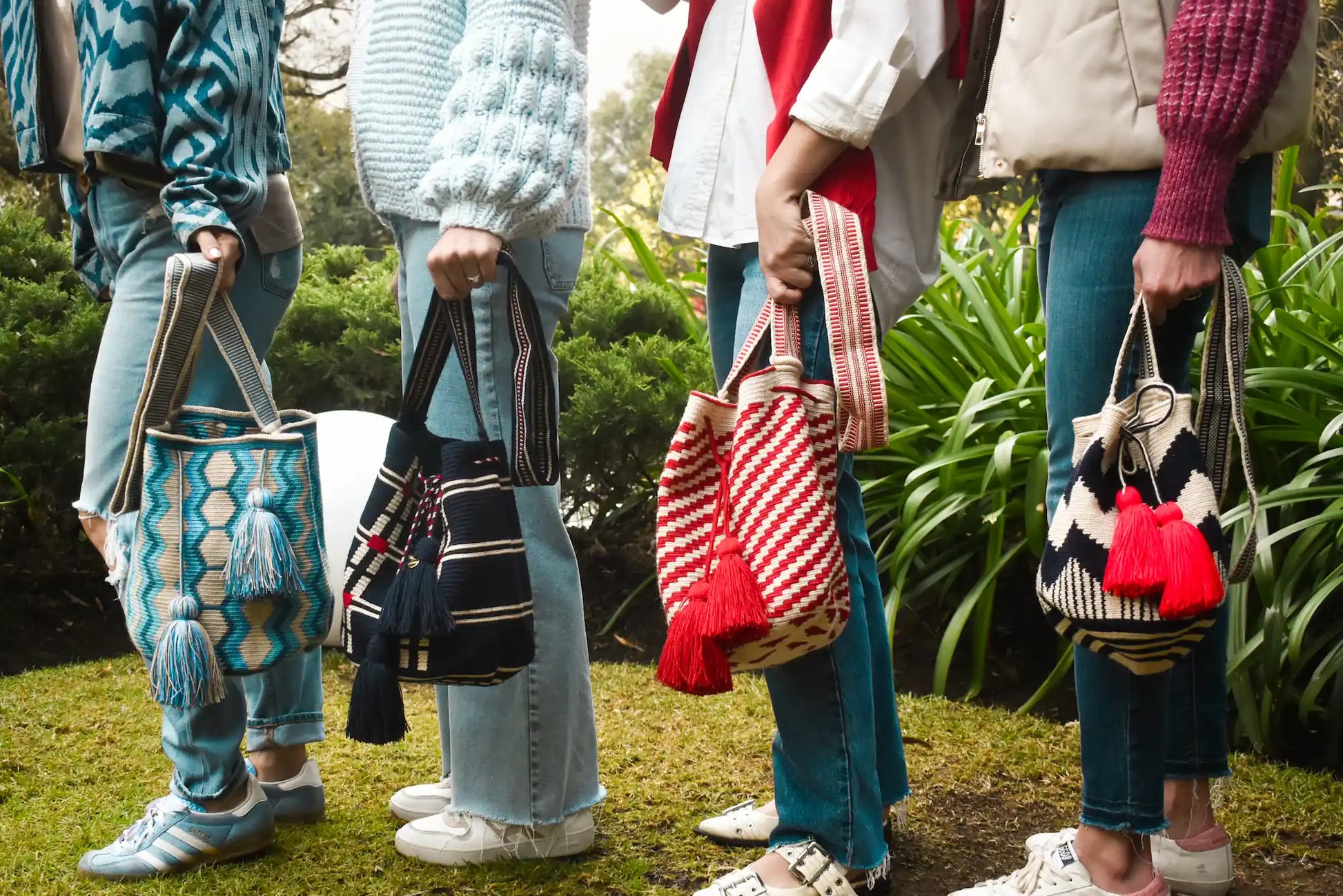 Lifestyle photo of large colors Wayuu bags, handmade in Colombia