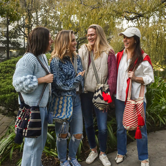Lifestyle photo of large colors Wayuu bags, handmade in Colombia