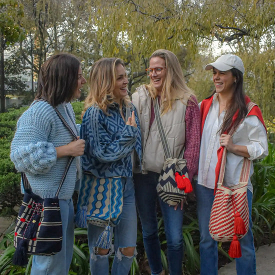 Lifestyle photo of large colors Wayuu bags, handmade in Colombia