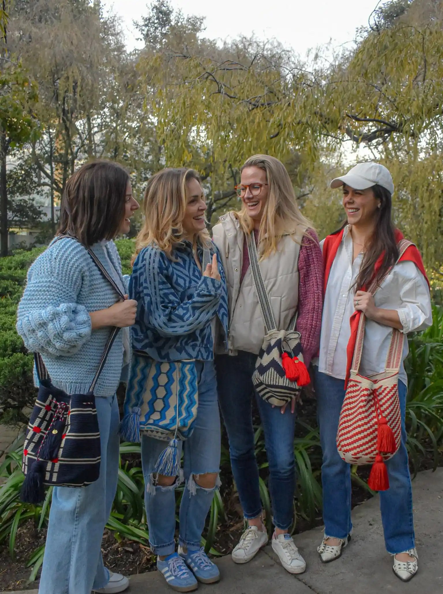 Lifestyle photo of large colors Wayuu bags, handmade in Colombia