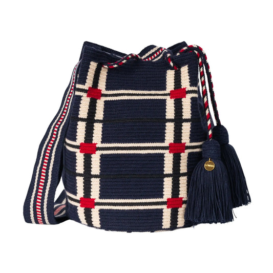 Handcrafted red, black & beige striped Wayuu crochet bag made by indigenous artisans in Colombia
