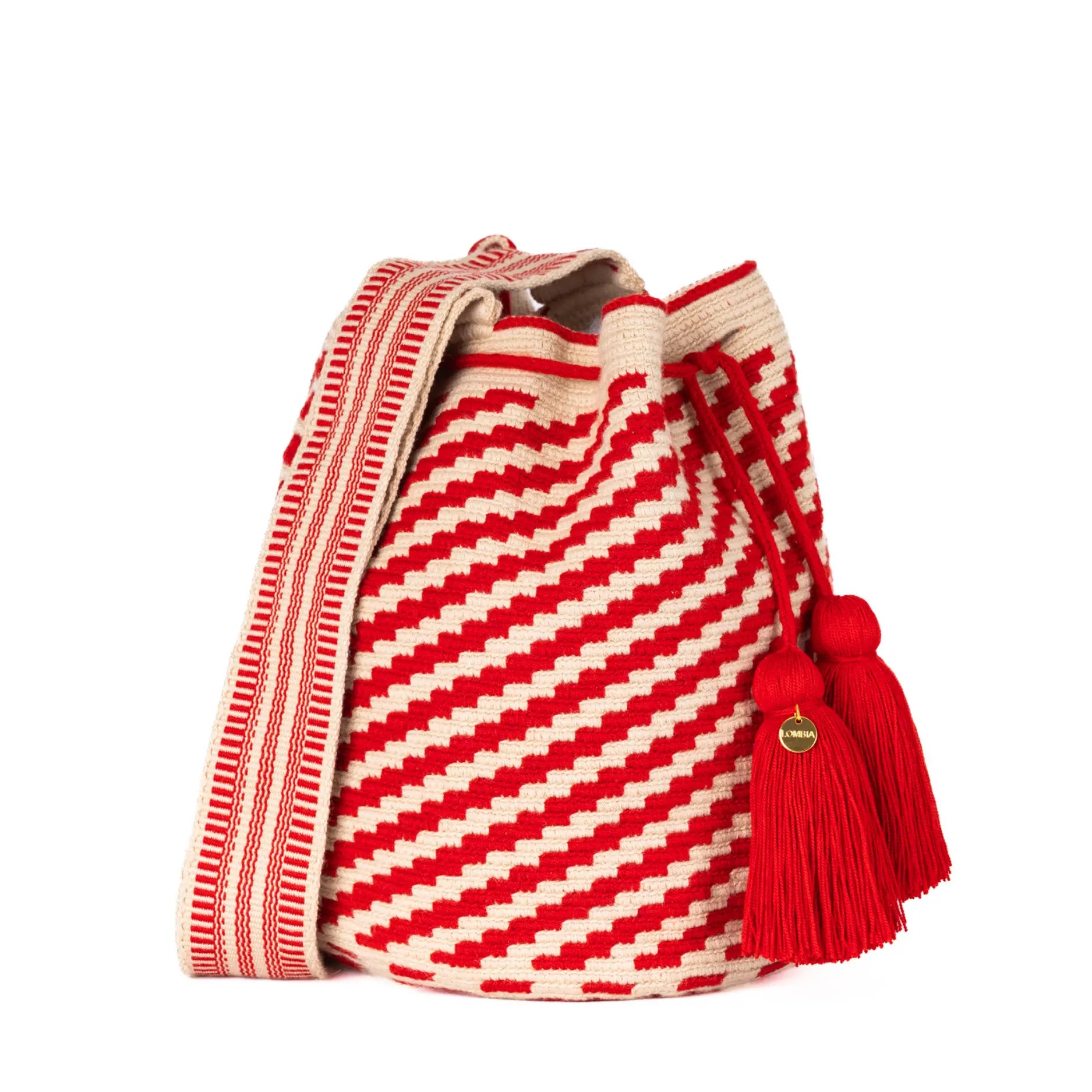 Handcrafted red & beige striped Wayuu crochet bag made by indigenous artisans in Colombia