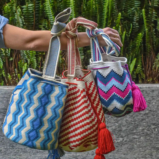Handcrafted colorful Wayuu crochet bag made by indigenous artisans in Colombia