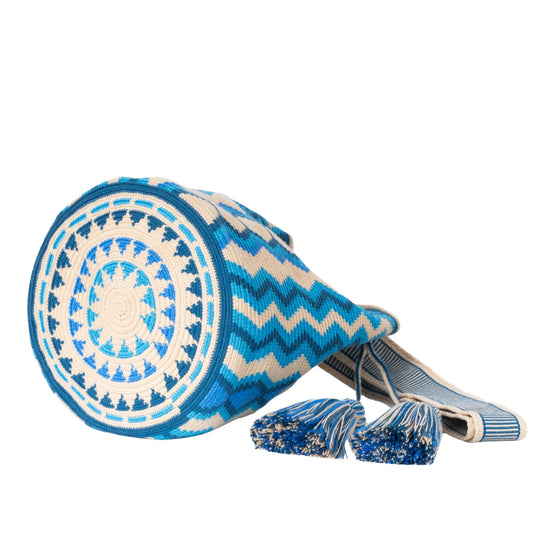 Nishu blue and  beige stripes Wayuu bag handcrafted by Colombian artisans