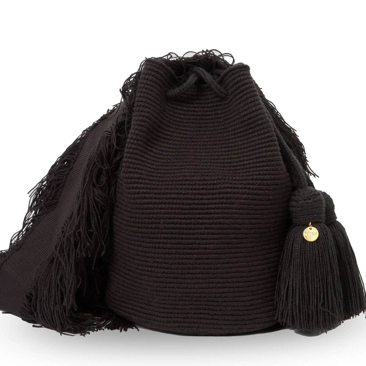 Handcrafted  black main Wayuu crochet bag made by indigenous artisans in Colombia