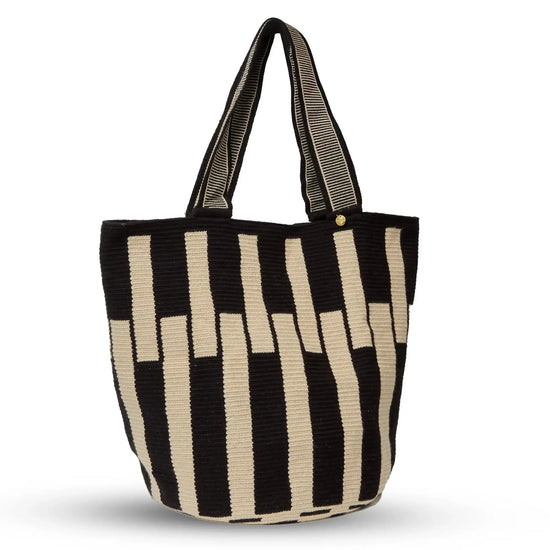 Black stripes handmade Wayuu tote bag crafted by indigenous female artisans from Colombia- Lombia+Co.