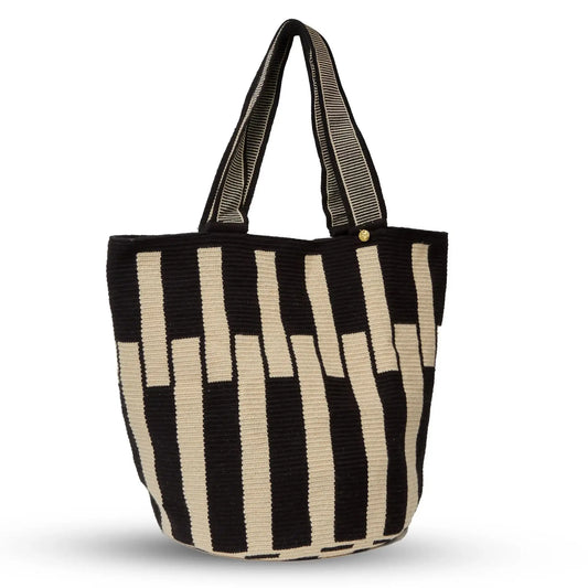 Black stripes handmade Wayuu tote bag crafted by indigenous female artisans from Colombia- Lombia+Co.