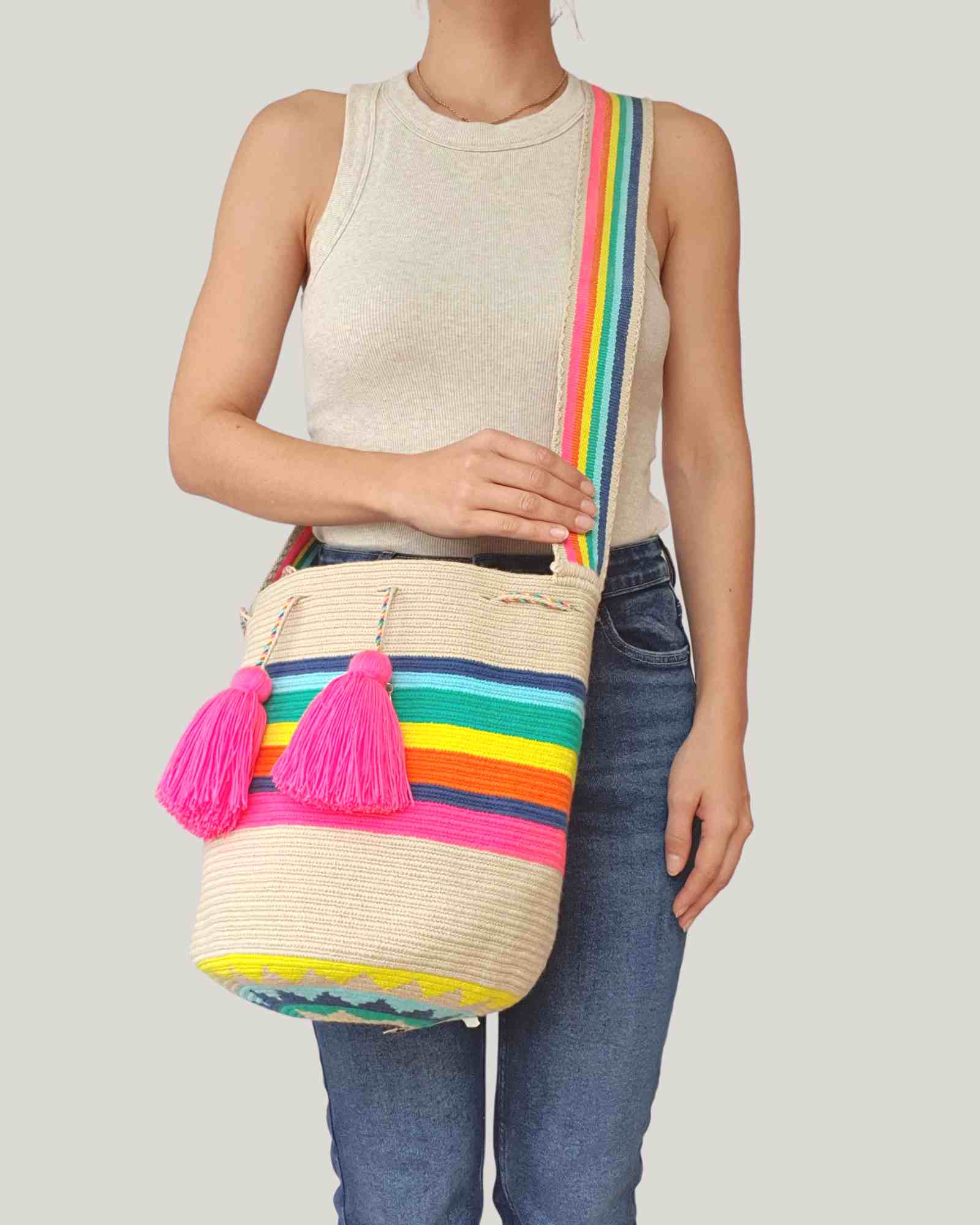 Wayuu Style Bag Large Rainbow Crochet Bucket Bag 